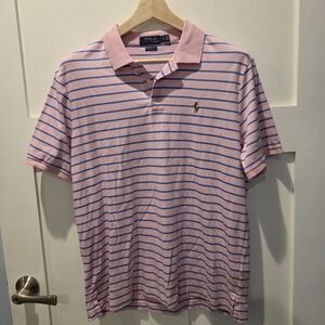 Polo Ralph Lauren Polo Shirt Mens L Pink Blue Stripe Soft Beach Flesh Pony